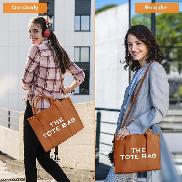 Women Pu-brown Personalized Canvas With Zipper Top-handle Crossbody Tote Handbag - Picture 3 of 6